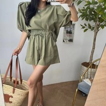 withyourday 린넨 벌룬 숏팬츠 세트 밴딩팬츠 소매퍼프 반팔블라우스 투피스