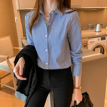 리본 여자 코듀로이 셔츠 루즈핏 롱 숏 흰색블라우스 전문 사무실 프린트 스트라이프 싱글 브레스트 블라우스 긴 소매 턴 다운 칼라 올 매치