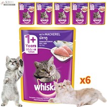 위스카스 파우치 고양이 주식 습식사료 참치 고등어 연어 닭고기 낱개 13종, 6개, 고등어 (80g)
