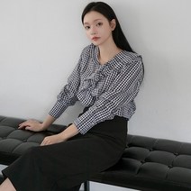 나인 깅엄 체크 언발 훌 블라우스(BL-3430)