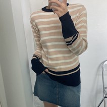 뜨개진 여성용 배색 스트라이프 베럴 라운드 니트