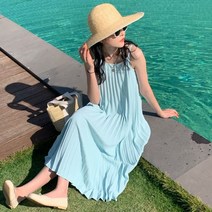 여성 프렌치 여름 솔리드 주름 나시 쉬폰 원피스 럭셔리 플리츠 슬링 로맨틱 바캉스룩