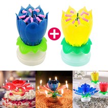 생일 케이크 기념일 회전 멜로디 연꽃초 특이한 생일초 파티용품 블루+옐로우
