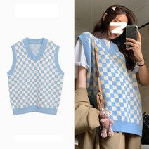 Baiwife 레트로 컬러 블록 바둑판 니트 조끼 남성 스트리트 느슨한 커플 캐주얼 민소매 스웨터
