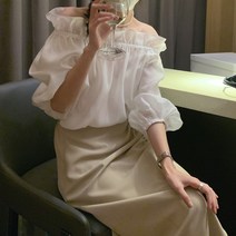 펀지 셔링 오프숄더 프릴 레이스 블라우스 여성 데일리