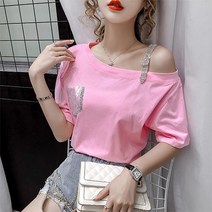 사사로이 여성 티셔츠 반팔티셔츠 짧은소매 한쪽 어깨 트임 오프더 숄더 블링블링 스팽글 포인트 요즘 핫한 디자인 올 여름 강추