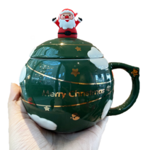 homgren 크리스마스 머그컵 + 뚜껑 밴드 + 스푼 귀여운 가정용 커피컵 대용량 도자기 물컵, 그린 크리스마스컵