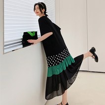 [당일발송] 봄 여름 빅사이즈 반팔 플리츠 배색 도트 맥시 롱 원피스 캐주얼 77 88 3XL사이즈