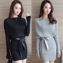 러블리 봄 가을 리본벨티드 보트넥 루즈핏 가오리 골지니트원피스 블랙/그레이