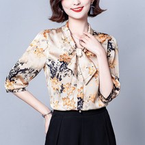 알리팡(Alipang) 봄 여름 중년 5부소매 빅사이즈 넉넉한 쉬폰 블라우스 보타이 리본 보타이블라우스 여성 상의 반팔 반소매 꽃무늬 셔츠