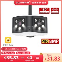 휴대용 와이파이 에그 포켓와이파이 BOAVISION 야외 초광각 파노라마 듀얼 렌즈 고정 IP 카메라 AI 인간 감지 보안 캠 4K 8MP 6MP 180 °, 4.6MP WIFI NO TF Card - 영국 플러그