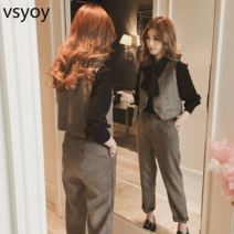 vsyoy 작은 가을 옷 작은 향수 패션 정장 여성의 외국 스타일 3 피스 조끼 정장의 새로운 기질 한국어 버전