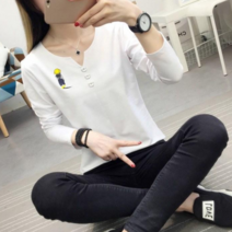 베러댓걸 여성용 봄가을 무지 데일리 베이직 프린트 개구쟁이단추 긴팔 티셔츠