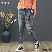 BestStar 봄 여름 가을 캐주얼 귀여운 소녀 캐릭터 자수 빈티지 밴딩 데님팬츠 NC-082302