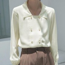 브랜드없음 여성용 더블 진주 단추 긴팔 블라우스 오피스룩