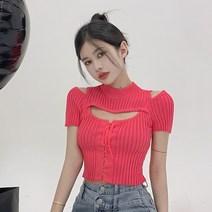 여성 반팔 라운드 크롭 니트티 뜨거운 소녀 디자인 계획 스트랩 니트 스웨터