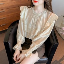 프릴 긴팔 텐셀 쉬폰 블라우스 여 초가을 양기감령 루즈핏 시크 프렌치 블라우스
