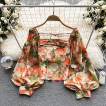 복고풍 로즈 장미 플라워 프린트 쉬폰 블라우스 봄 가을 긴팔 스퀘어넥 오프숄더