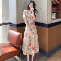 플라워원피스 프렌치 첫사랑 빈티지 VINTAG E 러블리블 예술 감각 여성 여름 염계 코디 3694069277, 유화그림 팬시 원피스 프리미엄 판, S