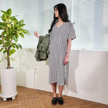 (무료배송) 세로 스트라이프 포켓 옆트임 롱 원피스 여성반팔 롱원피스 단가라 루즈핏