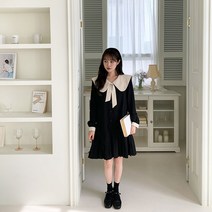 리본 카라 플리츠 배색 미니 원피스 OPS