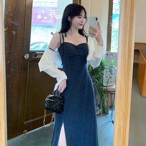 데님원피스 롱원피스 봄 가을 데님 청치마 빅사이즈 스커트 대형 프랑스 왕실 자매 라이트 친숙한 스타일 얇은 커버 배꼽 슬릿 서스펜더 스커트 지방 mm 데님 복장 여성 여름