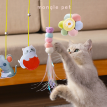 1+1 몽글 고양이 스프링 천장 부착형 모빌 로프 셀프낚시대(길이조절가능), 알록달록폼폼