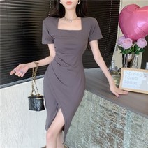 [220g] 단색 허리 슬리밍 원피스 드레스 스퀘어 칼라 짧은 소매 드레스 스플릿 스커트 기질