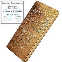 UniqueMetals 1 Kilo 구리 바 불리온 문진 - 999 순수 화학 .. 정품보장
