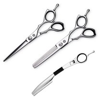 Saki Shears Kotaro 왼손잡이 헤어 가위 세트 - 일본 440C 스틸로 제작 15.2cm6인치 세트에는 왼쪽 왼손잡이용 얇은 면도기 및 가죽 휴대용 케이스 포함, 5.5