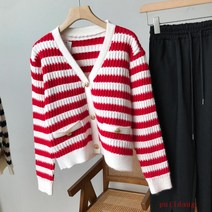여성을위한 짧은 V 넥 스트라이프 긴 소매 니트 카디건