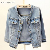 JUST FEEL!NG 여성 여름 가을 스판 라운드 7부 소매 청자켓 데님 잠바 슬림핏 간절이 크롭 외투