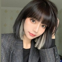 시크릿 투톤 단발 통 가발 보브컷 중단발 전체 숏단발 염색 애쉬 그레이 금발, 브라운투톤-블루