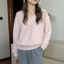 안녕릴리 여성 솔리드 V넥 풀오버 앙고라 니트