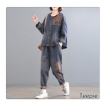 티피/Teepie 가을 신작 루즈하고 얇은 프린트의 레트로 데님 슈트 투피스