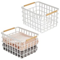 정품 MDesign 금속 스틸 와이어 스퀘어 오거나이저 보관 바구니 대나무 손잡이 옷장 선반용 리넨 담요 슬리퍼 스카프 모자 장갑 - 야미 컬렉션 2팩 매트 화이트, 14 x 10 x 8