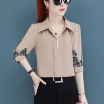 하프 소매 쉬폰 셔츠 여성용 블라우스 여름 은 칼라 탑스 4xl을 거절