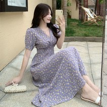 통통 소녀를 위한 여성용 대형 보라색 꽃 드레스 여름 프랑스 스타일 퍼프 슬리브 허리 포옹 요정 기질 패