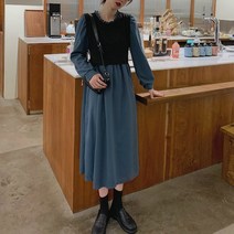 넷투넷코리아 여성 롱 원피스 라운드넥 H라인 심플 리본허리끈