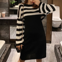 크롭 니트탑 투피스 9부소매 H라인 스커트기장 배색