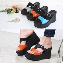 런슈즈 (국산) 키높이 웨지 통굽 에나멜 투톤 여성 사무실 슬리퍼 10cm