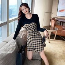 키 작은 사람 원피스 가을옷 여성 클래식 고퀄리티 감각 패치워크 보이핏 볼륨 허리보정 A라인 트렌드