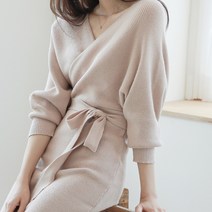 아이엠몽 여성 브이넥 리본 매듭 포인트 골지 원피스 블로워