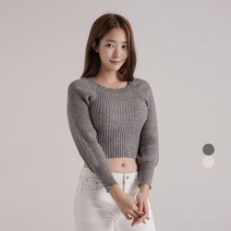 젬블링 여성용 스퀘어넥 긴팔 크롭 니트 티셔츠
