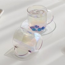 예쁜 오로라 유리 머그컵 2P 세트 레인보우 글라스잔 캡슐 커피잔 물컵, 유리 소서(컵받침) 1P