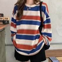 스타일아유 빅사이즈 루즈핏 데일리 스트라이프 라운드 박시 롱 티셔츠AZA9TS1349