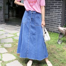 노팅힐 맥시 롱 플레어 데님 절개 스커트 55-88