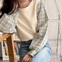 로로텐 체크 배색 티셔츠 긴팔 라운드넥 여성 빅사이즈