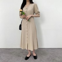 포디룩 [러블리핏] 청순 린넨 브이넥 뒷리본 롱원피스
