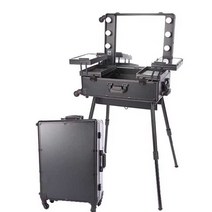 LED 메이크업 캐리어 거울 달린 대형 전문 여행 가방, 블랙 LED 따뜻한 조명 24인치 스탠드 포함
